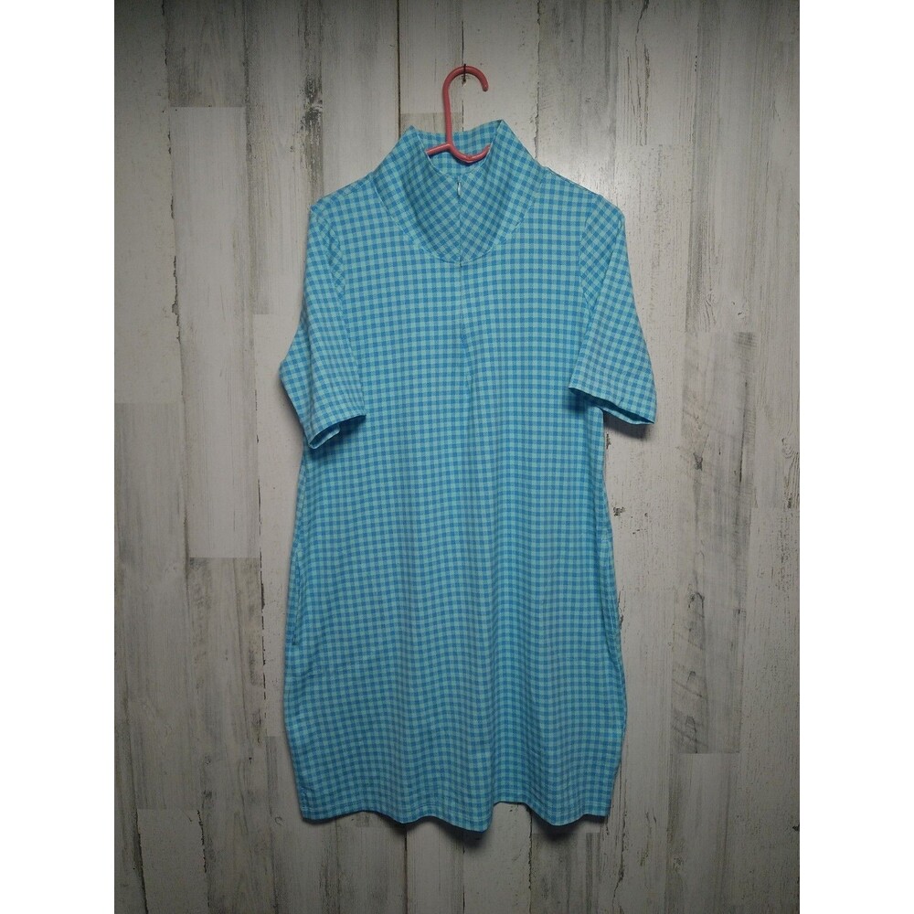 Land's End Women's Medium Blue Gingham Check Short Sleeve Zip Up Dress
